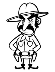Sheriff cowboys cartoon characters wearing cowboys hat, scarf, jeans, and boots. Carrying a handgun. Best for outline, logo, and coloring book with wild west themes