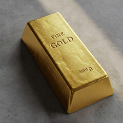 leaming 999.9 fine gold bar resting on a textured gray surface, showcasing wealth and purity