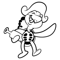 Funny Turtle cartoon characters wearing pirate hat and carrying a bottle of rum. Best for outline, logo, and coloring book with summer themes
