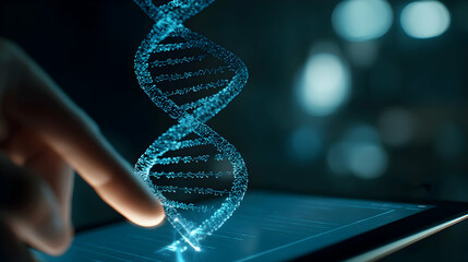 A human hand interacts with a holographic representation of a dna strand on a digital screen