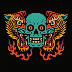 Illustration of Skull with Tiger Heads and Flames on Black Backdrop