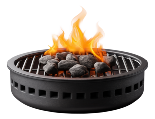 Round charcoal grill with flames and hot coals on grill grate on transparent background.