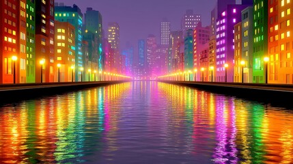 Obraz premium Night City Canal Reflection Pixel Art Cityscape