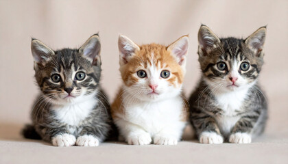 the image presents a trio of kittens posing against a plain, light colored backdrop. two of the kittens have gray and brown patterned fur, while the one in the center has a coat of orange and white