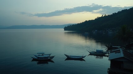 Serene lakeside view with boats under twilight sky in Sumatra Indonesia