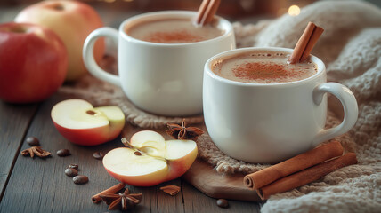 Cups of coffee with cinnamon and apple slices arranged on a cozy table for a warm vibe