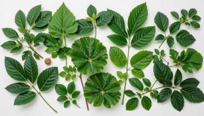 Variety of green leaves arranged on a white background.