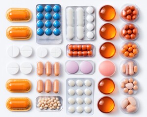 Collection of various pills and capsules arranged neatly on white background