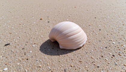 A clam shell resting on sandy beach surface.