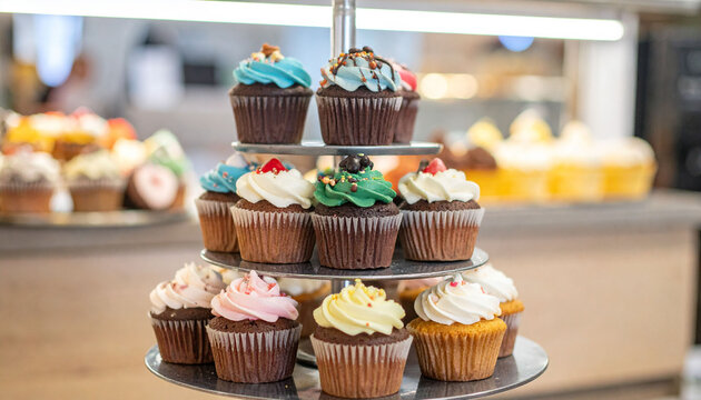 the image features a tiered metal stand displaying a variety of decorated cupcakes