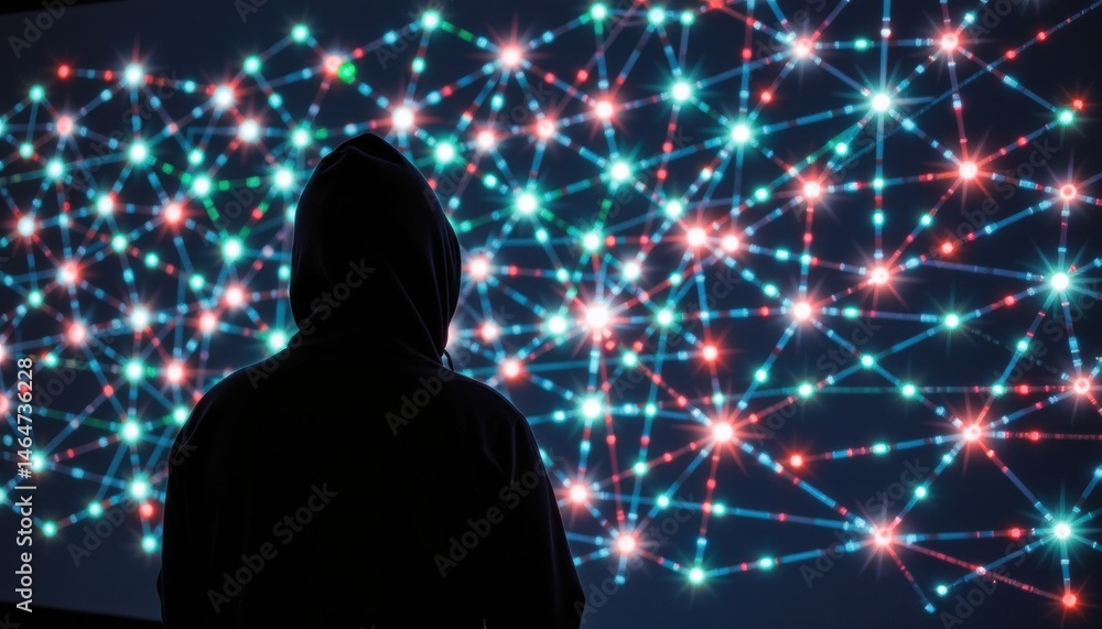 Poster mysterious figure observing a digital network display.