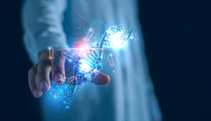 Medicine doctor touching electronic medical record with intelligence software AI tech, DNA, Digital healthcare and network connection on hologram modern virtual screen, medical telemedicine.