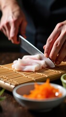 Close-Up of a Chef Slicing Squid Tubes for Sushi Cuisine Preparation
