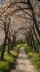 Fototapeta premium Blooming cherry blossom path with flowering trees forming a natural tunnel in painting art. Serene spring scene with soft light, fresh greenery, and clear blue sky.