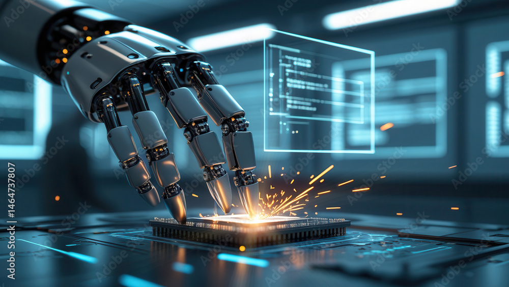 Poster robotic hand assembling microchip with sparks in futuristic laboratory, showcasing advanced artifici