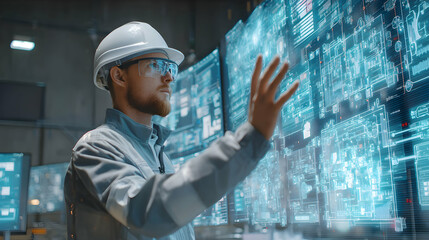 Engineer interacts with transparent display showcasing complex blueprints using advanced digital technology