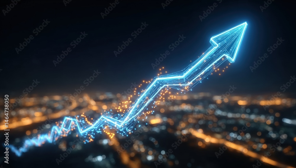 Aufkleber Abstract Digital Arrow Pointing Upwards Symbolizing Growth and Progress in a Modern Cityscape with Sparkling Effects at Night