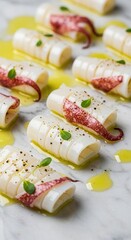Thinly Sliced Squid Tubes on Marble Surface with Olive Oil and Fresh Garnish