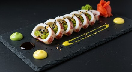 Elegant Presentation of Stuffed Squid Tubes Garnished with Sesame Seeds and Sauces
