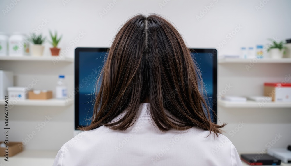 Poster person working at a computer in a modern workspace.