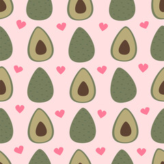 cute hand drawn cartoon avocado seamless vector pattern background illustration with pink hearts