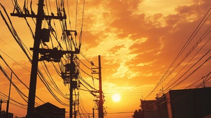 Silhouette of power lines against a fiery sunset sky in urban landscape
