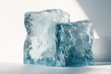 Obraz premium Two large, translucent ice cubes, positioned atop one another, are bathed in soft sunlight