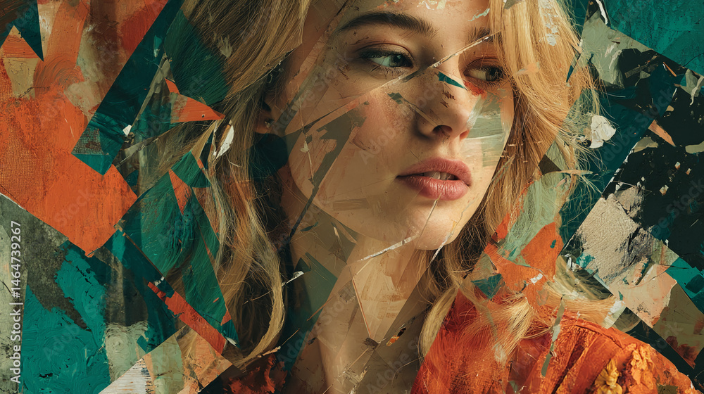 Poster abstract portrait of a blond woman, fragmented into teal and orange paint strokes, creating a textur