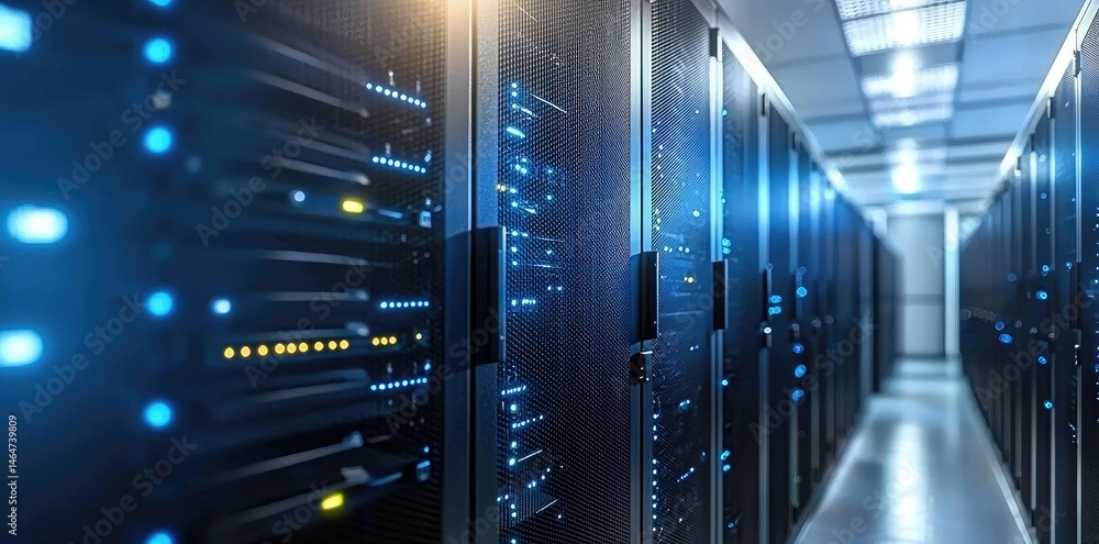Poster Close-up of active server racks with glowing LED indicators in a secure data center environment used for storage, processing, and digital networking systems