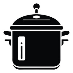 Closed black cooking pot is shown with the lid and handle on white