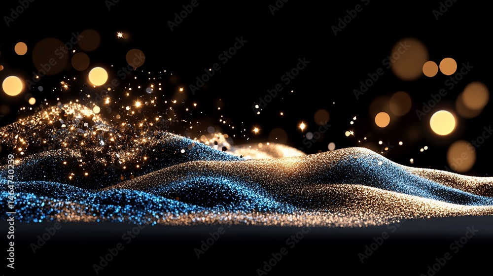 Poster sparkling blue and gold particle waves against a dark background with bokeh lights