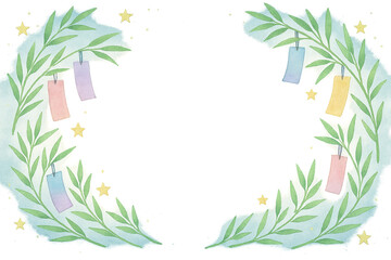 七夕の水彩フレーム 短冊と星の背景素材（透明背景・16:9）