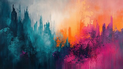 Abstract expressionist painting with vivid hues of teal, pink, orange, and purple 