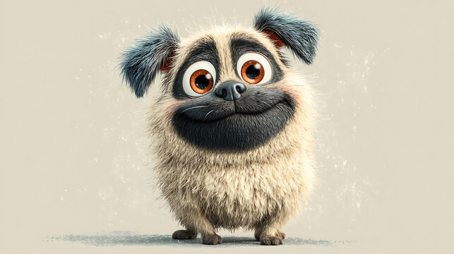 Cute funny pug fluffy cartoon puppy with smiling face with copyspace