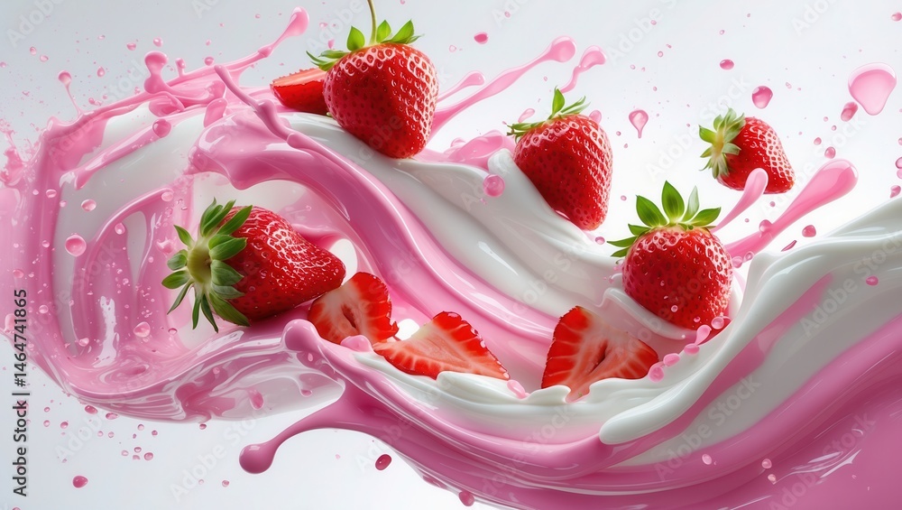 Poster fresh strawberries with splashes of pink and white yogurt in motion, creating a dynamic and vibrant 