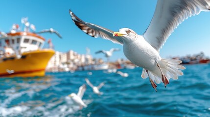 Seagull Flying Over Ocean, Boats & City
