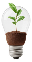 A light bulb containing soil with a sprouting plant symbolizes eco-friendly innovation on transparent background.