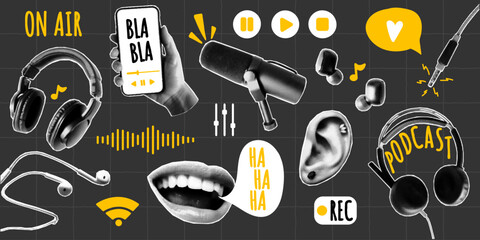 Halftone paper cutout collage elements, podcast theme. Pop art stickers with bright yellow doodles, design for blog, cover, club. Cuttings from magazines, punk grunge style.