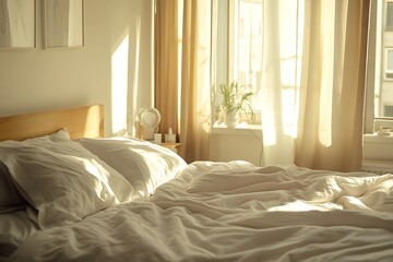 White bedding and a vase of dry flowers in the sunlight