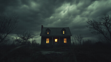 A dark house with lit windows stands in a desolate, foggy forest under a stormy sky.