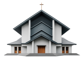 Modern church building with symmetrical design, large gabled roof, and a cross on top, featuring multiple entryways on transparent background.