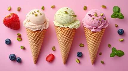 Delicious ice cream cones in various flavors, surrounded by fresh fruits and nuts, a vibrant and colorful concept of summer