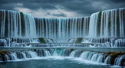 Cascading Waterfall on Rocky Ledges Under a Cloudy Sky