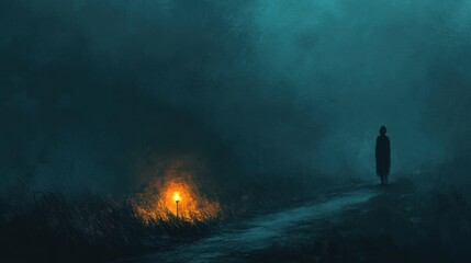 Obraz premium A solitary figure holding a glowing lantern, standing at the edge of a narrow, shadowy path, where the darkness ahead feels thick and oppressive, evoking a sense of fear and suspense