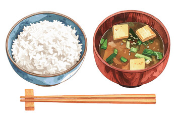白米とお味噌汁、お箸の水彩風イラストセット　生成AI