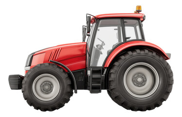 Red agricultural tractor with large tires and a cabin, side view on transparent background.