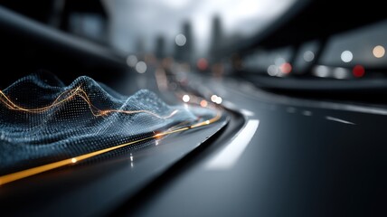 A futuristic digital graph overlays a modern city highway at night, symbolizing data analytics and smart technology integration in urban environments.