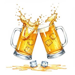 Beer mugs toasting with splash isolated on white background