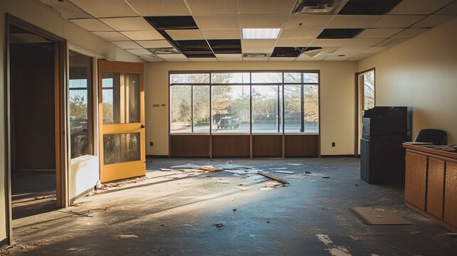 Abandoned office building interior room daylight sunlit old worn door desk mess empty space decay