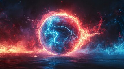 Abstract red and blue energy sphere with lightning bolts on dark background, symbolizing duality  